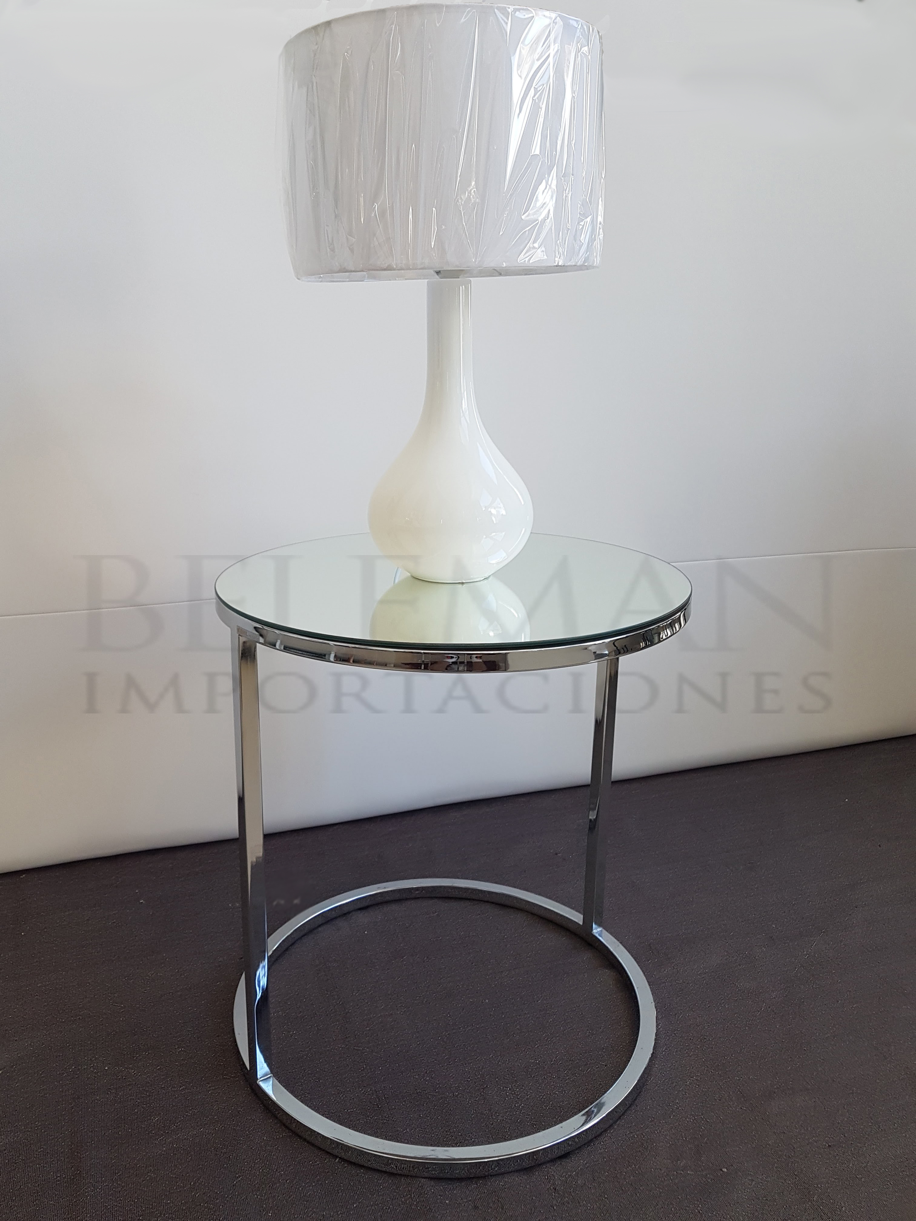 Mesa de living lateral, redonda con espejo – Beleman Importaciones